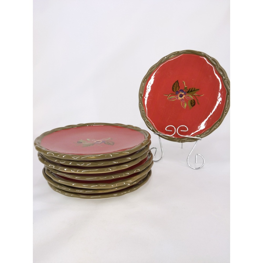 Tracy Porter Octavia Hill Salad Plates 8in Red Green Floral Scalloped Set of 8